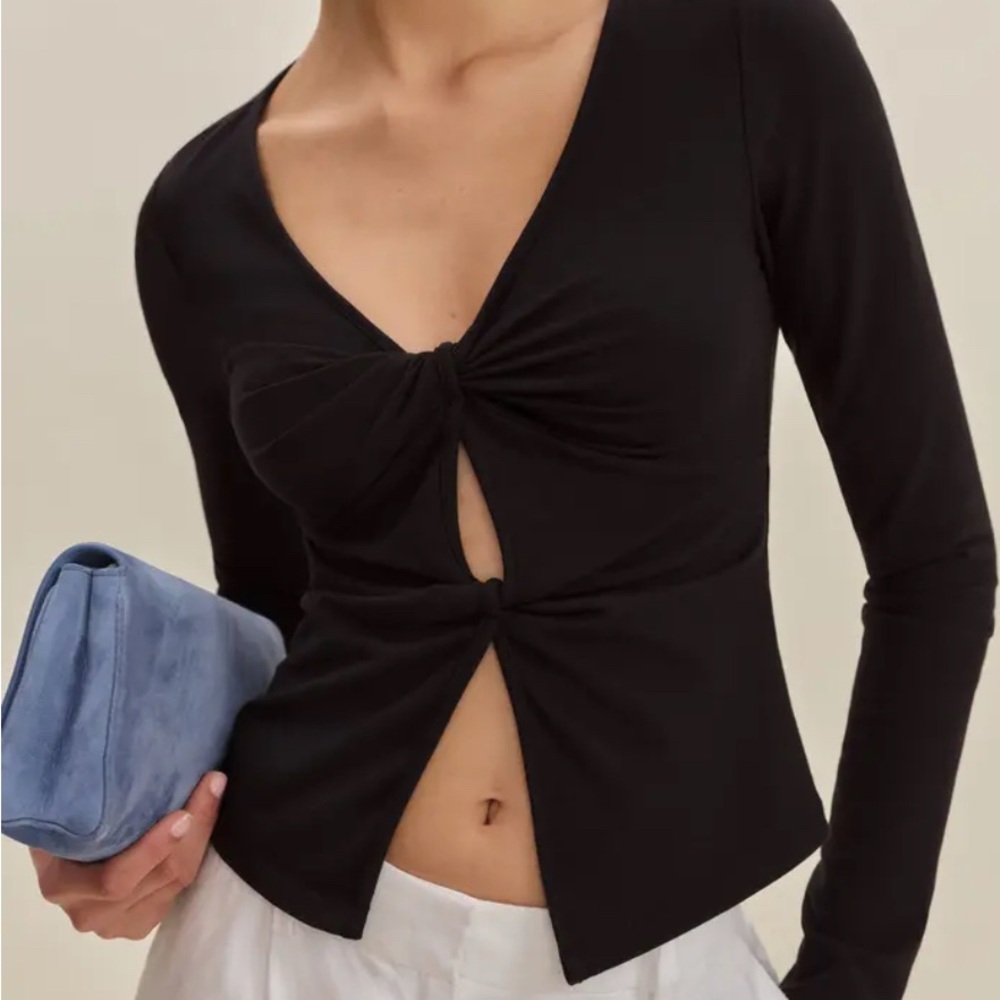 Reformation Black Long Sleeve Twist Front Top